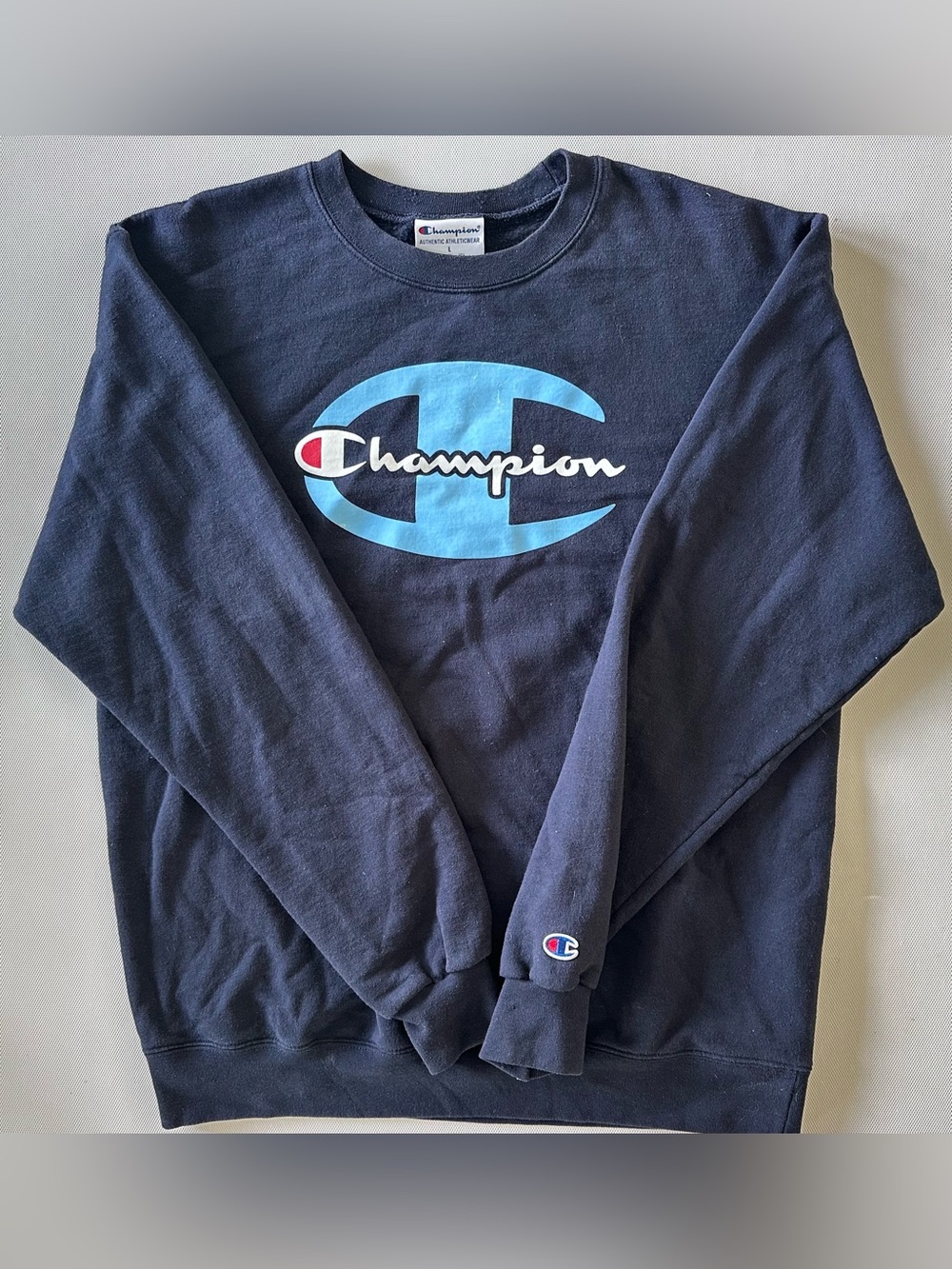 Champion Pullover Big Logo Sweatshirt Embroidered Men’s L Navy Blue